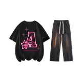 Clothing Set (Black Short-Sleeved Shirt+Black Jeans)