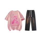 Set (Pink Short-Sleeved Shirt+Black Jeans)