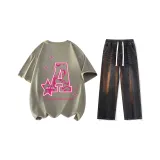 Set (Moss Green Short-Sleeved Shirt+Black Jeans)