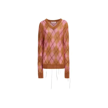 MARNI Argyle Check-Pattern Distressed Knitted Jumper