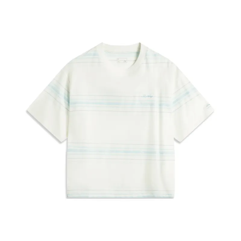 LiNing Sports Life Collection T Shirt Women's Ivory/Light Sky Blue Stripes-0