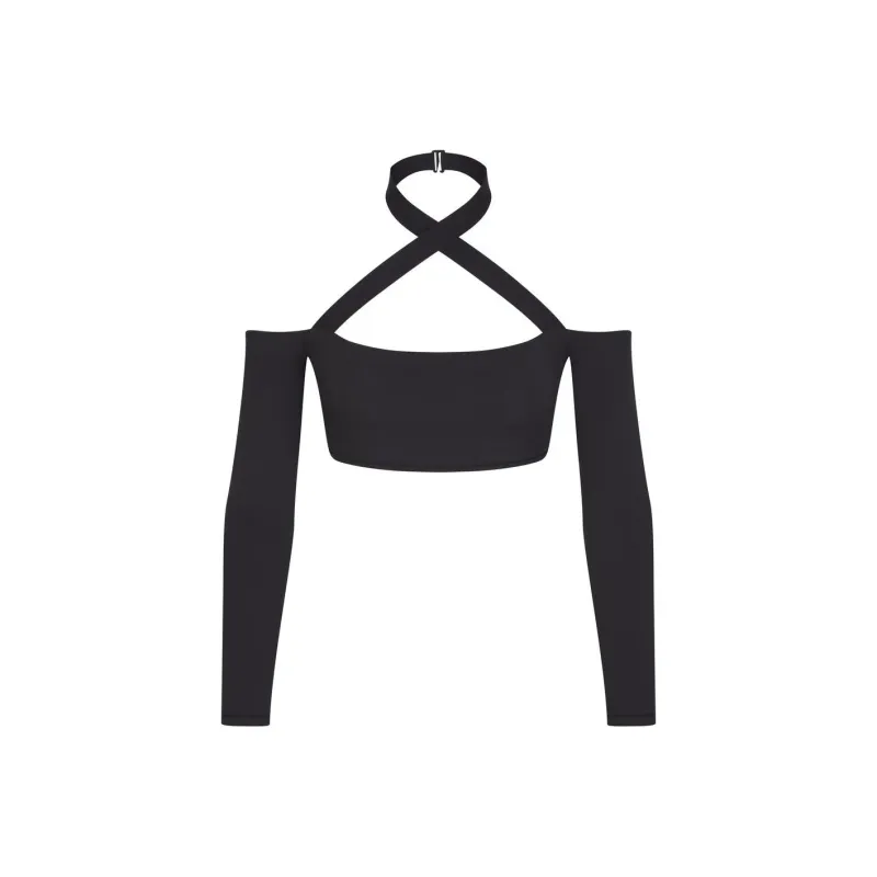 SKIMS FITS EVERYBODY WRAP LONG SLEEVE SUPER CROPPED TOP Crop Tops Women's ONYX/Onyx-0