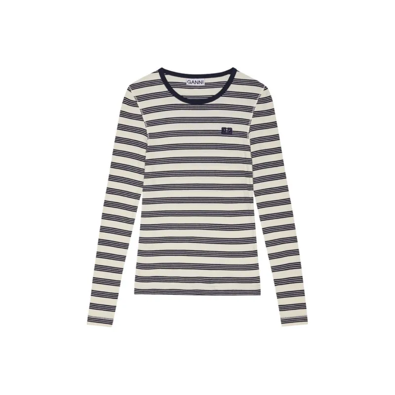 GANNI Striped Rib Long Sleeve T Shirt-0