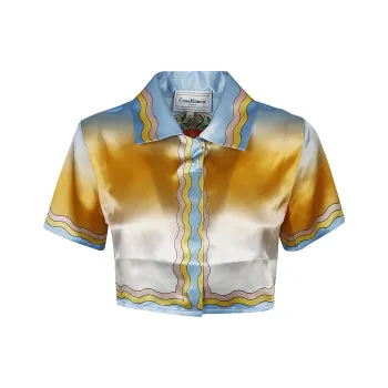 CASABLANCA Cuban Collar Cropped Silk Short Sleeve Shirt 'La Danse'