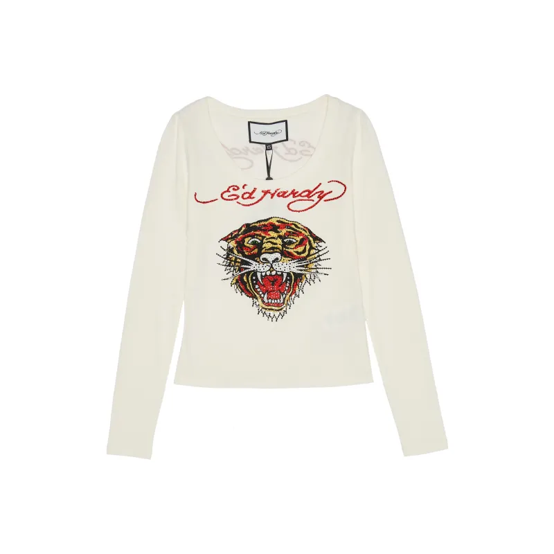 Ed Hardy Long Sleeved T Shirt Women's Ivory White-0