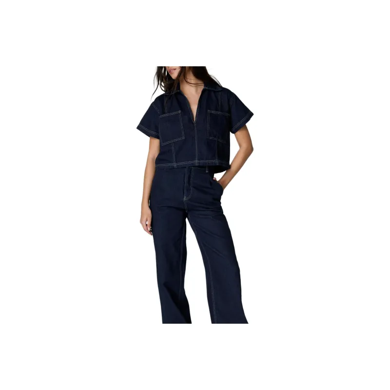 NASTY GAL Denim V Neck Cropped Top Crop Tops Women's Indigo-0