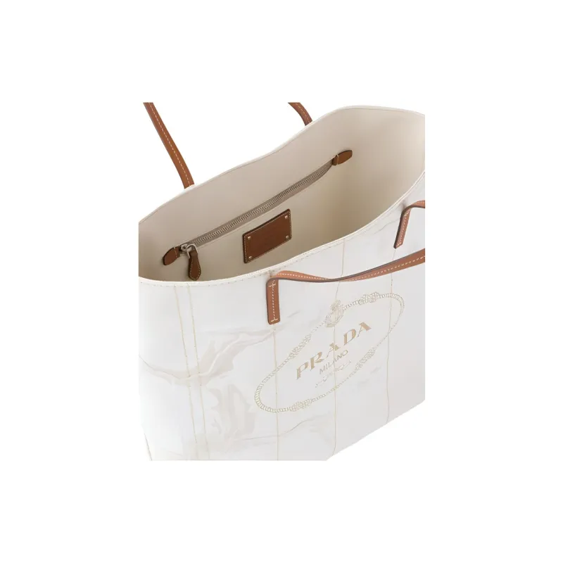 PRADA Linen Blend With Leather Tote Bag Shopping Bag Handbag Large Size Women's Beige/White Orchid-3