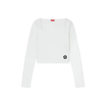 KENZO Logo Floral Emblem Cropped Long Sleeved T Shirt Women's White