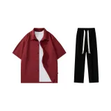 Clothing Set (Burgundy Short-Sleeved Shirt+Black Casual Pants)