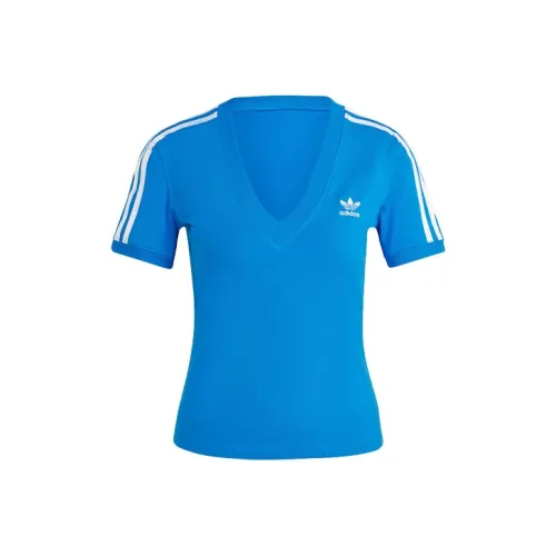 adidas originals Women's 3 Stripes V Neck Slim Tee Blue