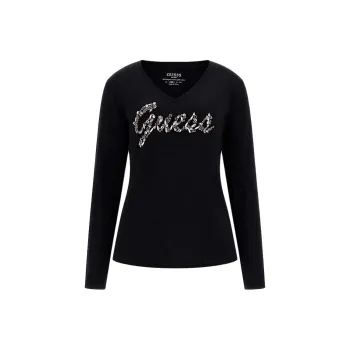 GUESS Rhinestones Logo T Shirt T Shirt Women's Black