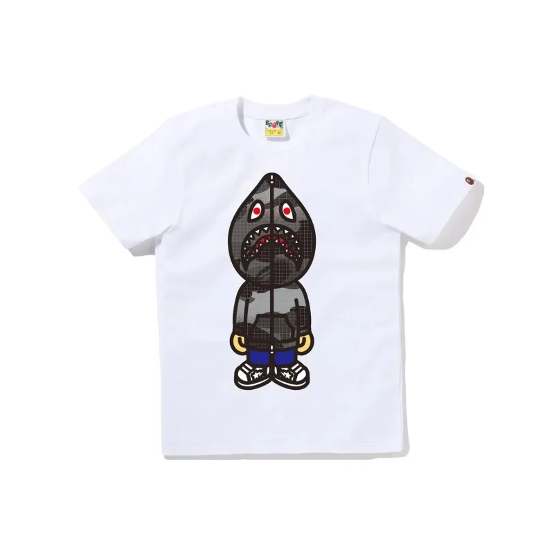Bape Women's Grid Camo Classic Milo Shark Tee White Burgundy-0