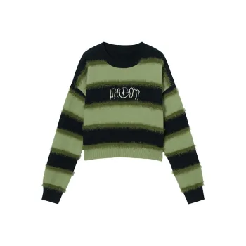 MEETLADY Sweaters Women's Black And Green Stripes