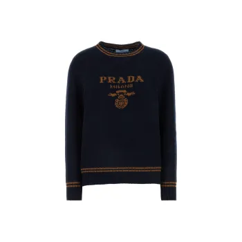 PRADA Logo Intarsia Striped Trim Crewneck Jumper