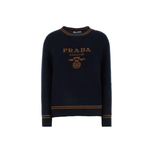 PRADA Logo Intarsia Striped Trim Crewneck Jumper