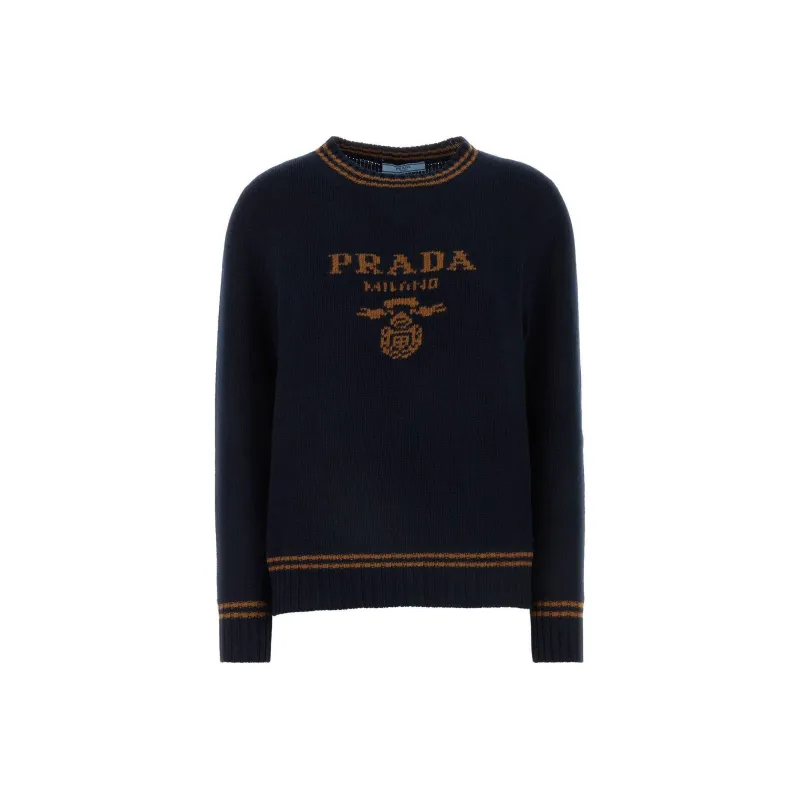 PRADA Logo Intarsia Striped Trim Crewneck Jumper-0