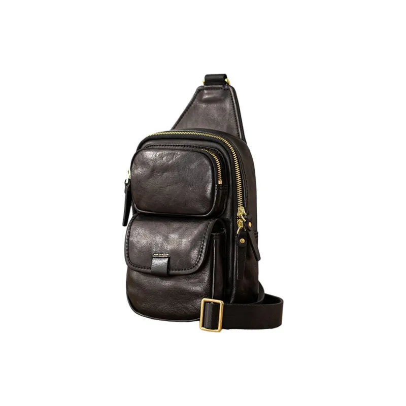 Back Step Top Grain Cow Leather Sling Bag Medium Size Unisex Black-1