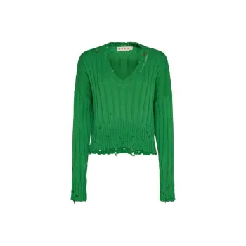 MARNI Distressed V Neck Rib Sweater 'Green'