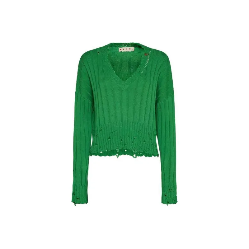 MARNI Distressed V Neck Rib Sweater 'Green'-0