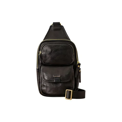 Back Step Top Grain Cow Leather Sling Bag Medium Size Unisex Black
