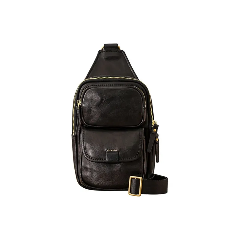 Back Step Top Grain Cow Leather Sling Bag Medium Size Unisex Black-0
