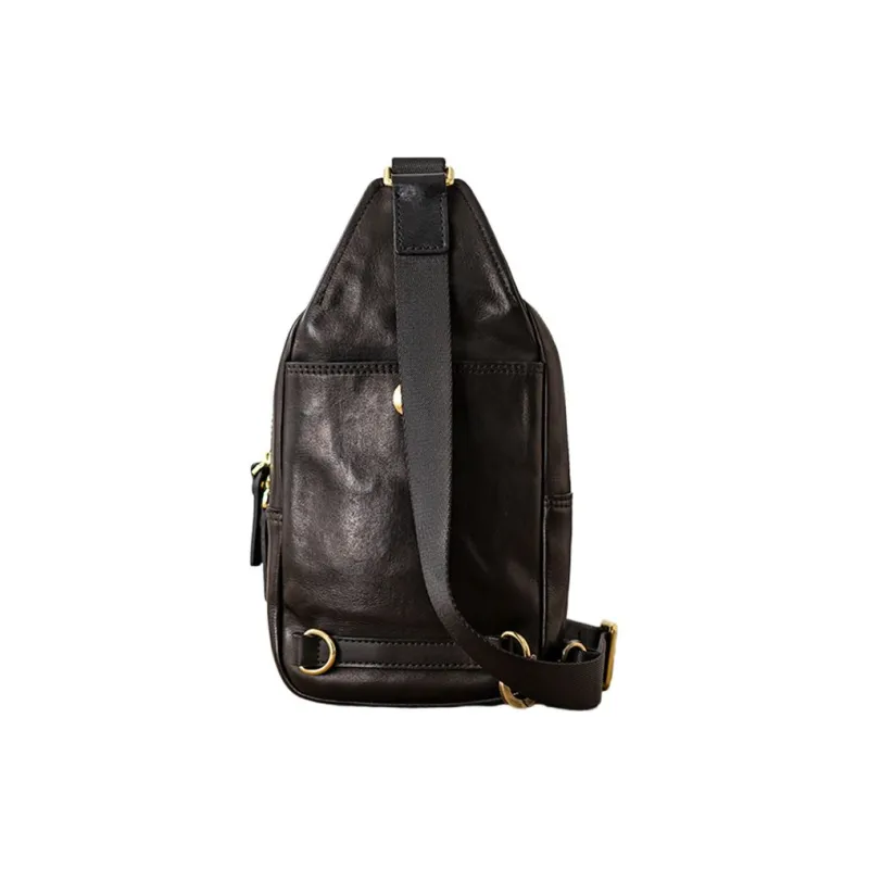 Back Step Top Grain Cow Leather Sling Bag Medium Size Unisex Black-3