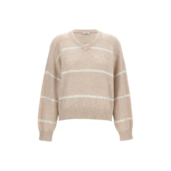 Brunello Cucinelli V Neck Striped Knitted Jumper