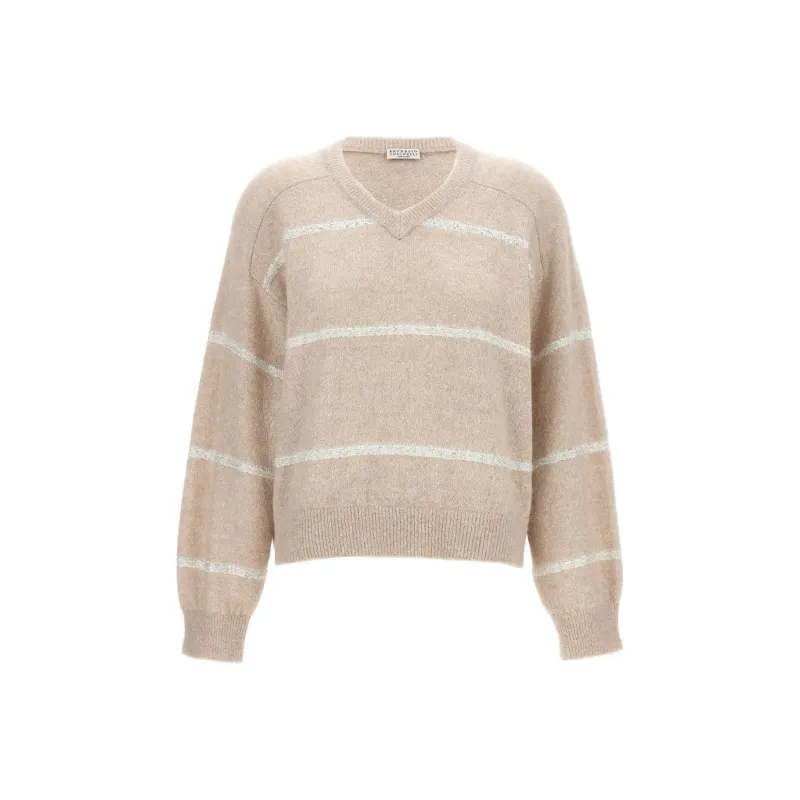 Brunello Cucinelli V Neck Striped Knitted Jumper-0