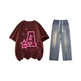 Set (Burgundy Short-Sleeved Shirt+Nostalgic Blue Jeans)