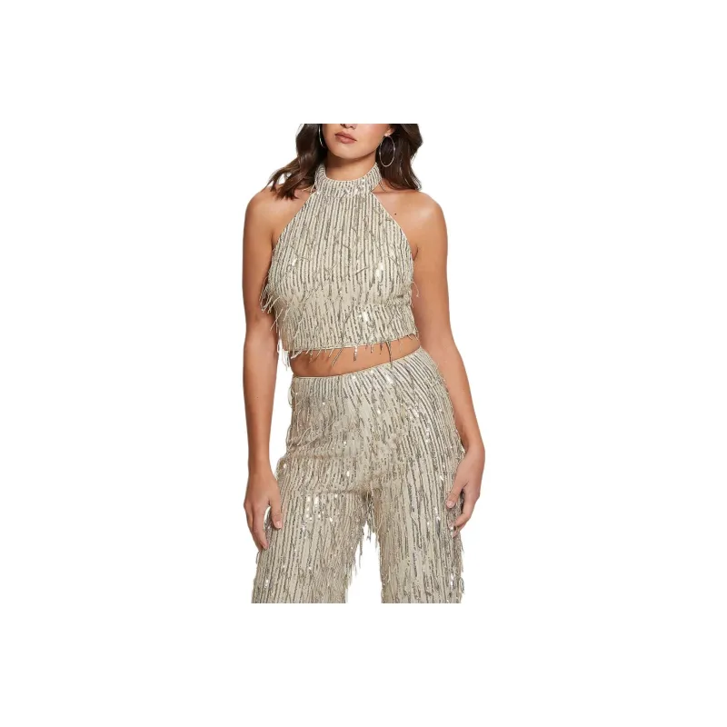GUESS Mia Sequin Top Crop Tops Women's Gray White-0
