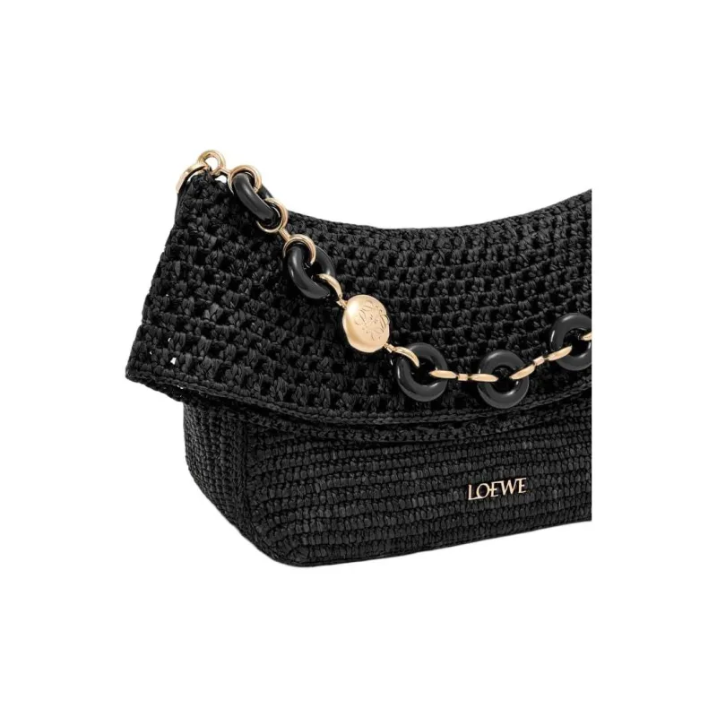 LOEWE Raffia Patchwork Calfskin Handbag Medium Size Women's Black-7