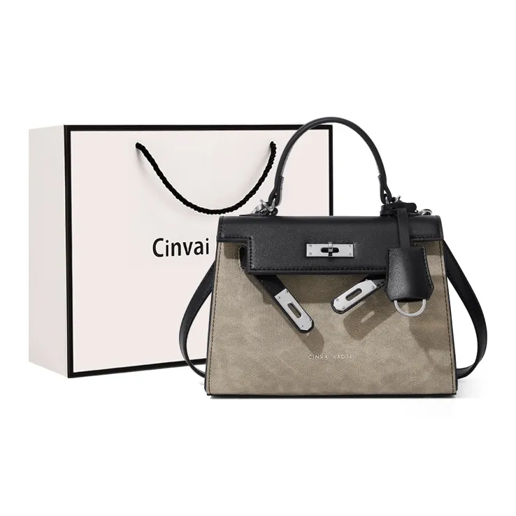 CinvaiKrose Synthetic Leather With Cow Leather Handbag Large Size Women's Ecru/Brown/Black-6