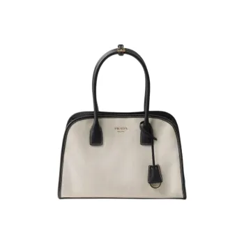 PRADA Cotton Linen Blend Tote Bag, Shopping Bag, Handbag Medium Size Women's Tan & Black