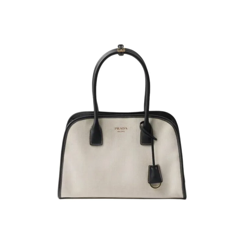 PRADA Cotton Linen Blend Tote Bag, Shopping Bag, Handbag Medium Size Women's Tan & Black-0