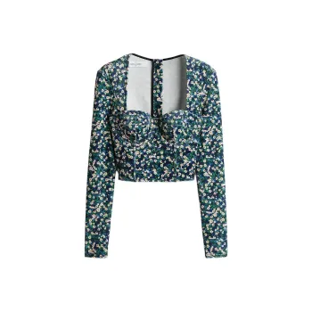 H&M Corset Style Velour Top Bright Blue/Floral