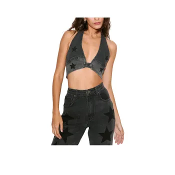 NASTY GAL Nessa Barrett Star Washed Denim Halterneck Top Crop Tops Women's Black