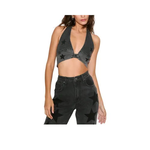 NASTY GAL Nessa Barrett Star Washed Denim Halterneck Top Crop Tops Women's Black