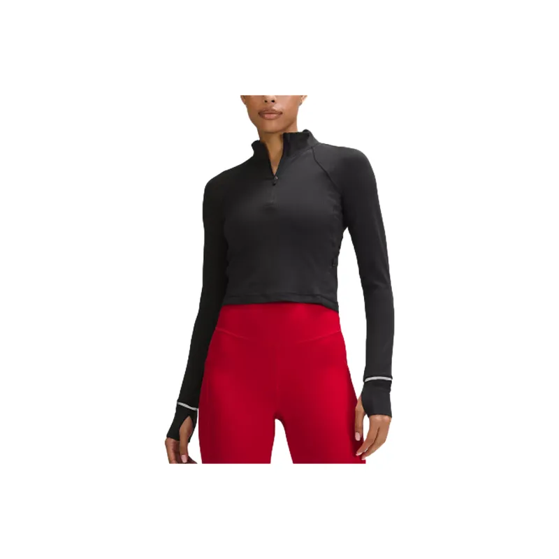 Lululemon It's Rulu Ribbed Cropped Half Zip Crop Tops Women's Black-0