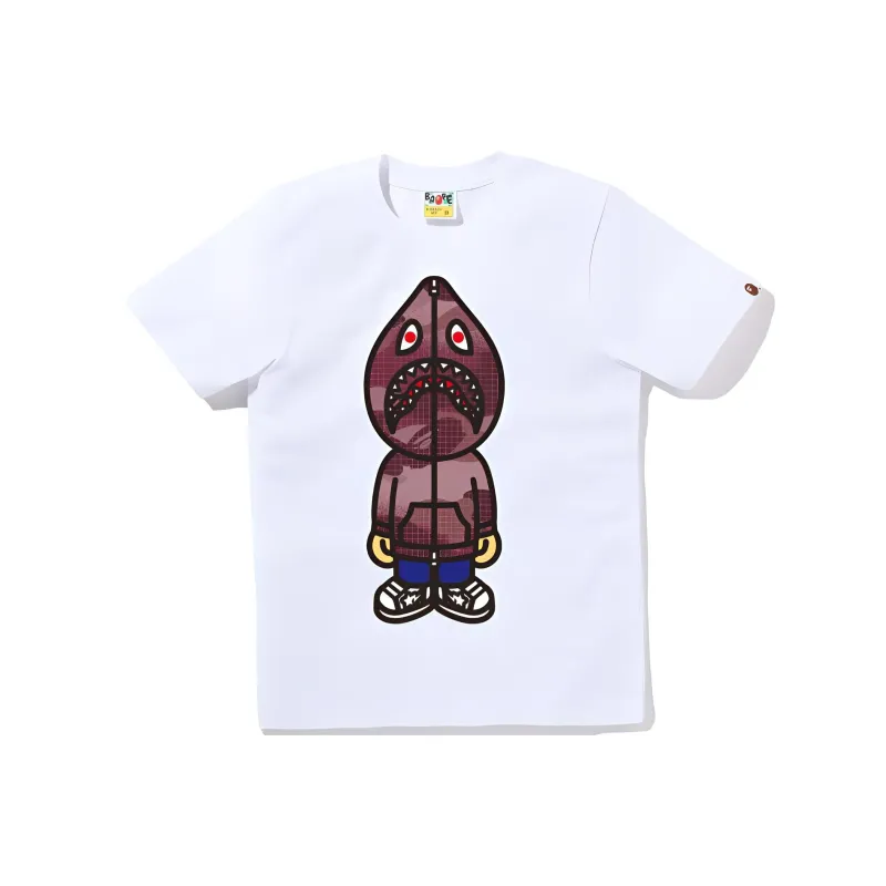 Bape Women's Grid Camo Classic Milo Shark Tee White Burgundy-2