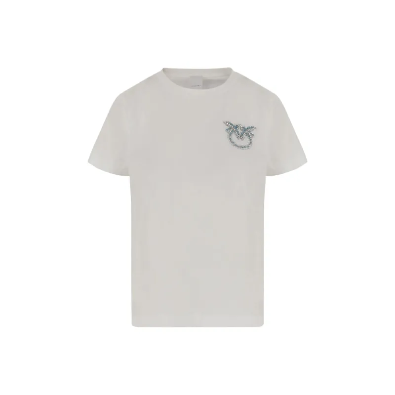 PINKO Bejewelled Love Birds Embroidery Short Sleeved T Shirt-0