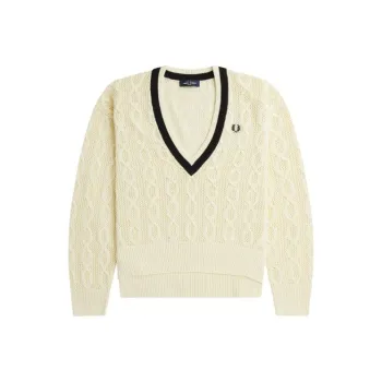 FRED PERRY Open Knit V Neck Jumper Sweater Women's Light Yellow