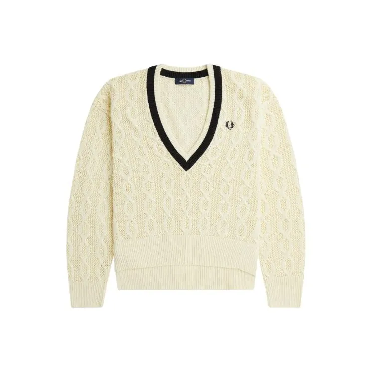 FRED PERRY Open Knit V Neck Jumper Sweater Women's Light Yellow-0