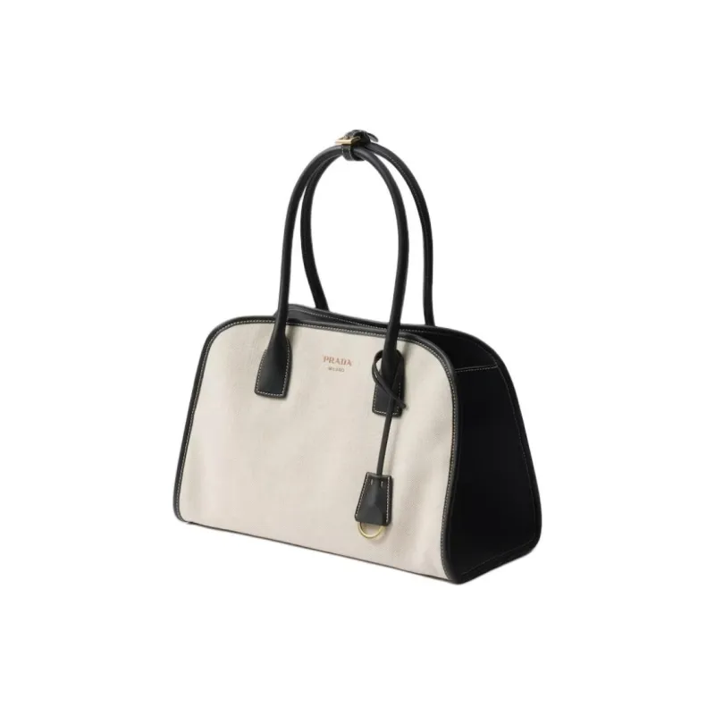 PRADA Cotton Linen Blend Tote Bag, Shopping Bag, Handbag Medium Size Women's Tan & Black-1