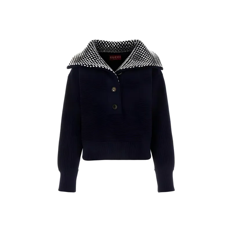GUCCI Navy Blue Stretch Cotton Blend Polo Shirt-0