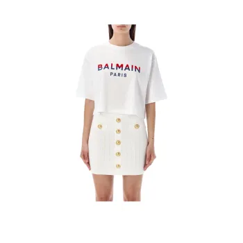 BALMAIN Flocked logo Cropped Organic cotton T shirt