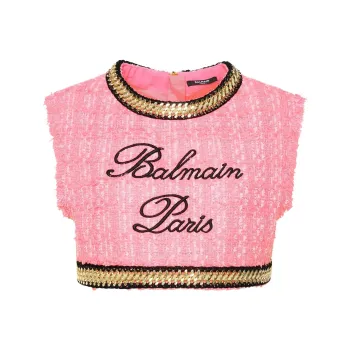 BALMAIN Logo embroidered Tweed Crop Top
