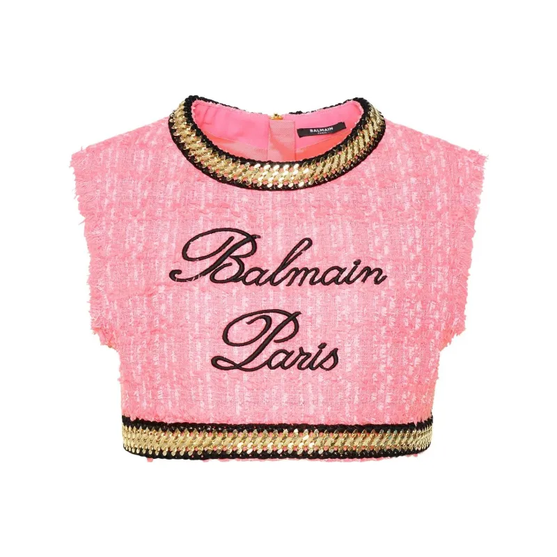 BALMAIN Logo embroidered Tweed Crop Top-0