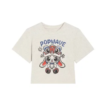 POPWAVE Crop Tops Women's Oat Crew Neck Lion Dance Cropped