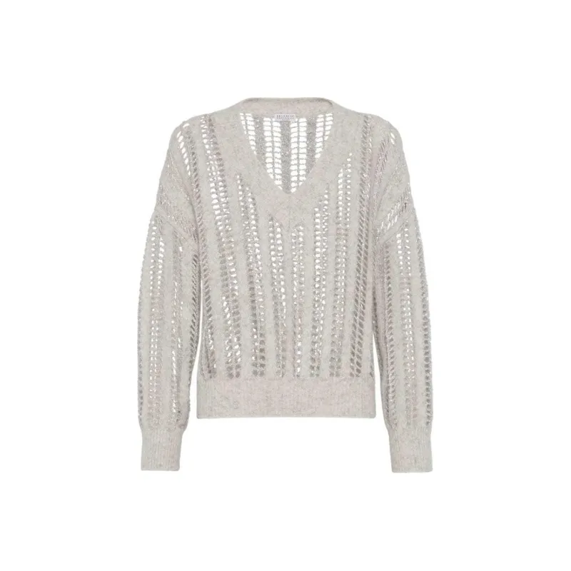 Brunello Cucinelli V Neck Open Knitted Jumper-0