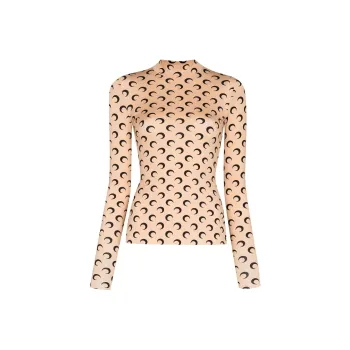 Marine Serre Logo Print Turtleneck T shirt Beige